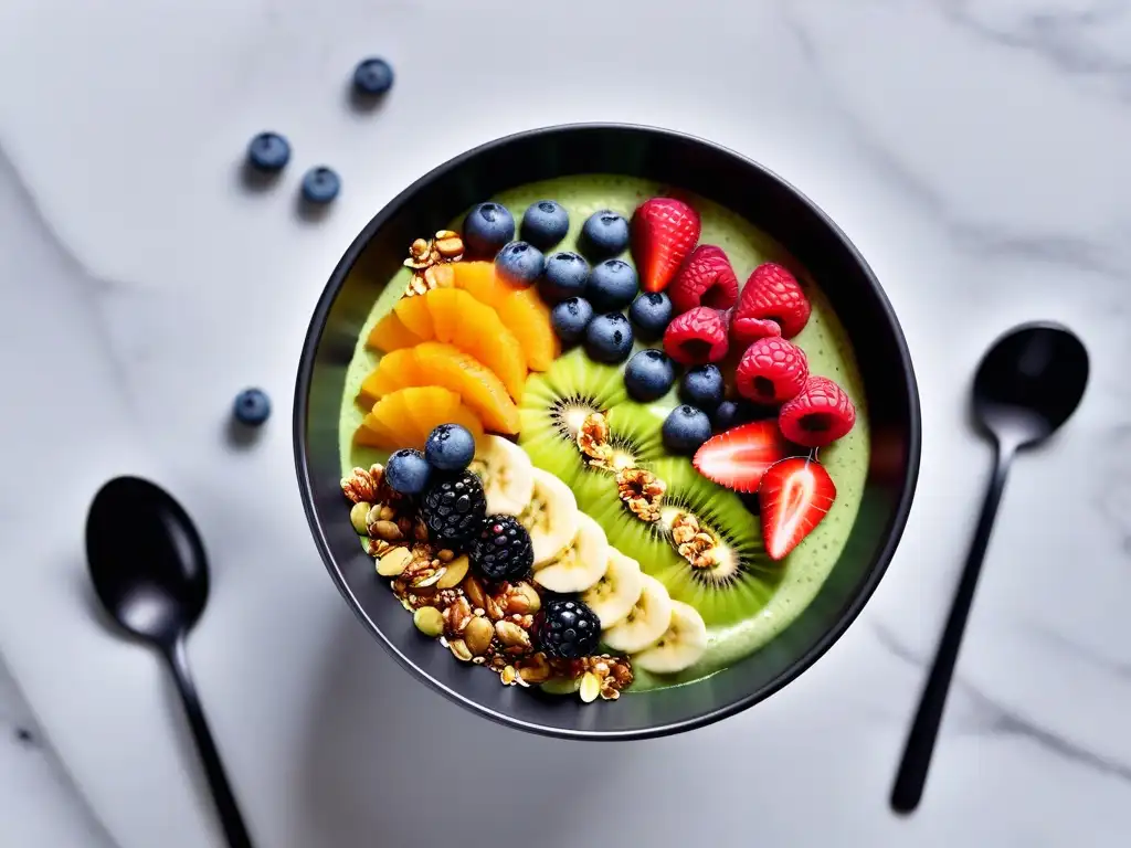 Deléitate con una exquisita bowl de smoothie de té verde vegano, repleta de frutas frescas y granola crujiente en una elegante mesa de mármol negro