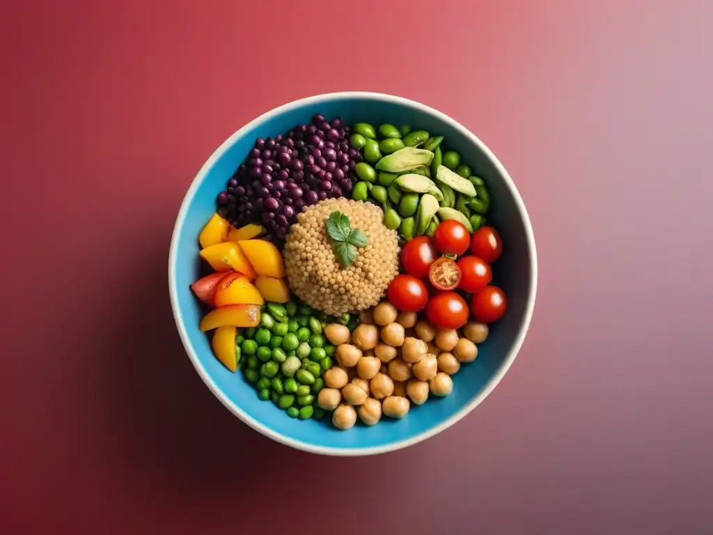 Una exquisita Buddha bowl vegana con proteínas completas y coloridas verduras