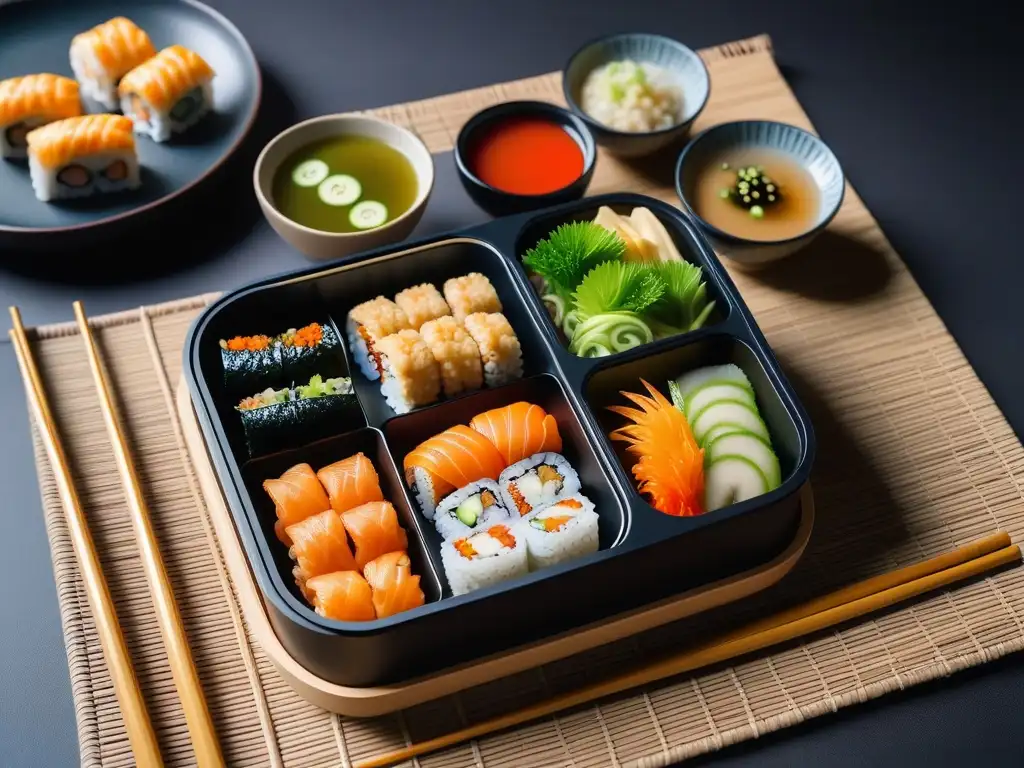 Una exquisita caja bento vegana con sushi, tempura, sopa miso y encurtidos, sobre tatami y palillos de bambú