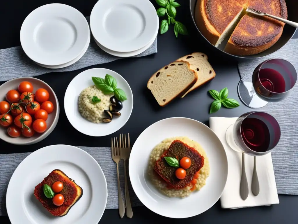 Una exquisita cena italiana vegana sin gluten, con platos coloridos y sabrosos en una mesa elegante