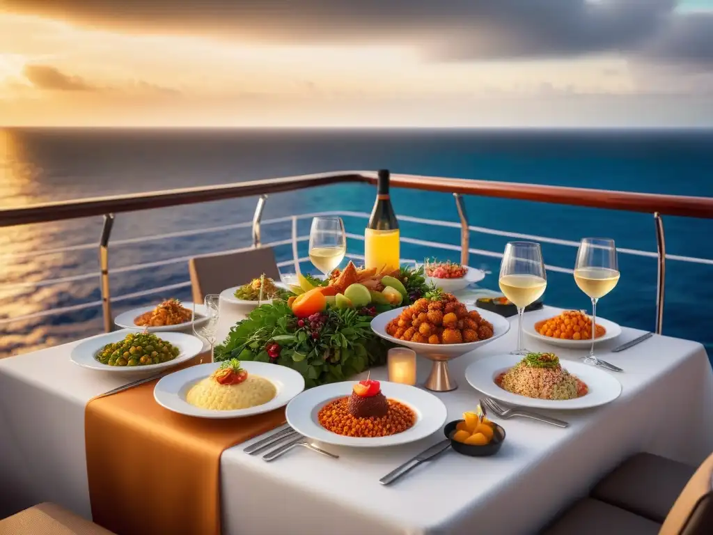 Exquisita cena vegana en crucero al atardecer