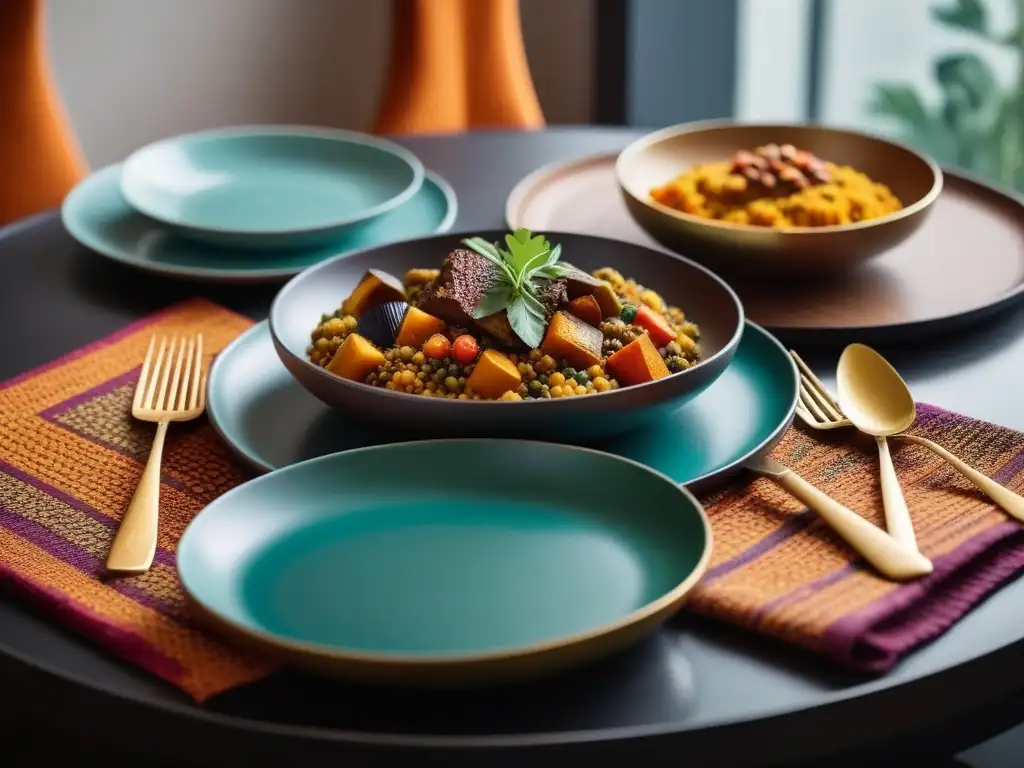 Una exquisita cena vegana inspirada en África con platos vibrantes y decoración elegante