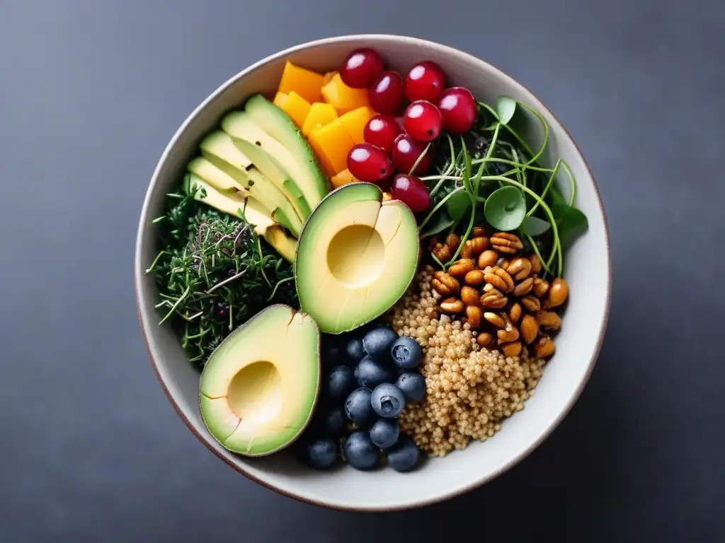 Buddha bowl superalimentos frescos y coloridos Una exquisita cena vegana con superalimentos en un bowl vibrante y colorido