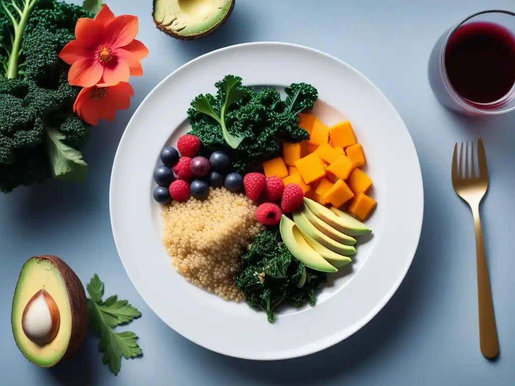 Plato vegano gourmet: Superfoods en 8k Una exquisita cena vegana con superalimentos en un plato artísticamente decorado