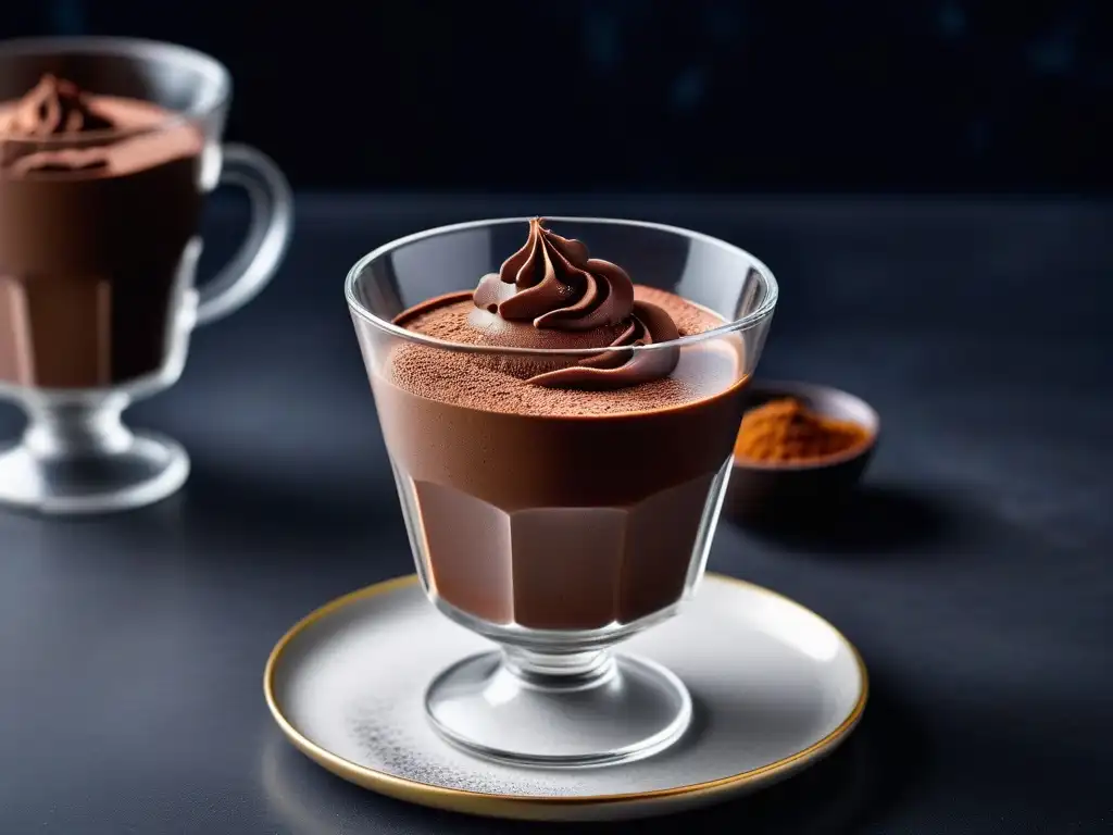 Exquisita mousse de chocolate vegano en vaso de postre, con textura cremosa y polvo de cacao