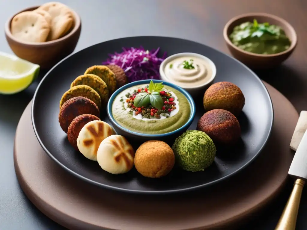 Exquisita cocina vegana egipcia innovadora: vibrante plato de falafel con fava beans, hierbas, pita y dips, presentado en plato moderno