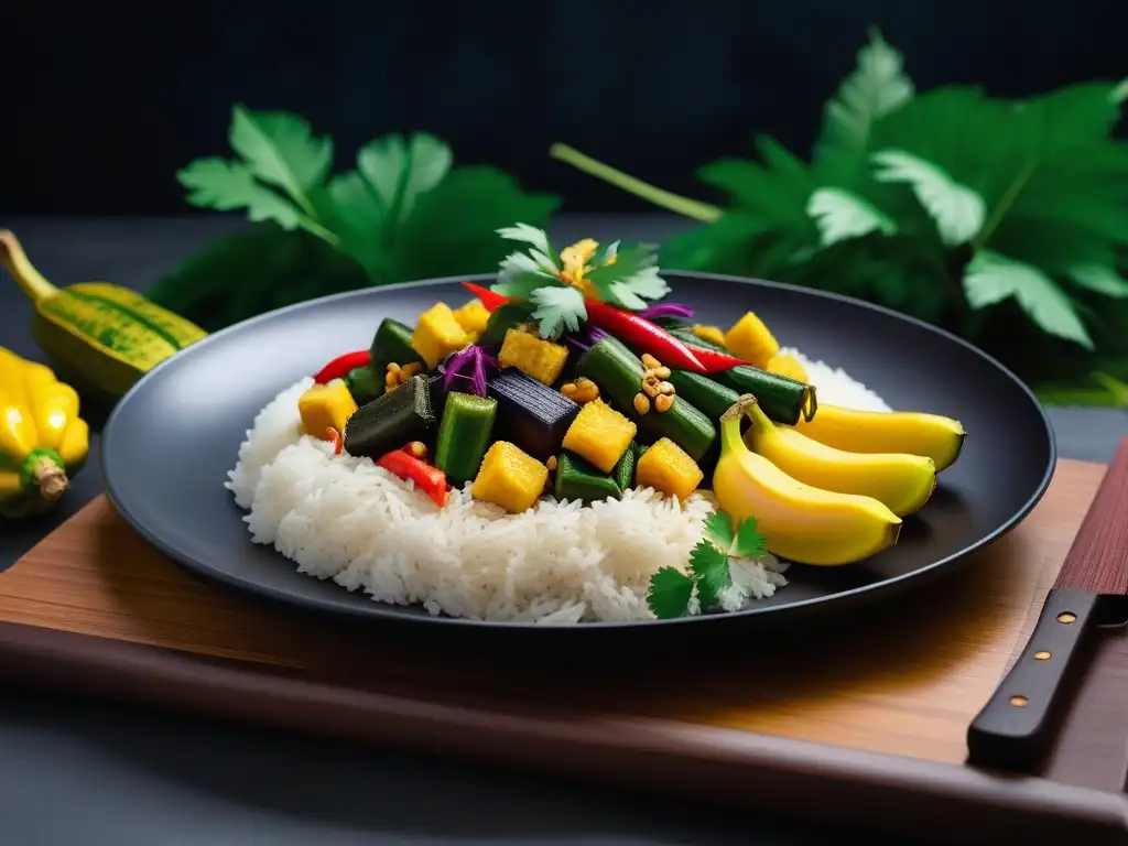 Una exquisita cocina vegana filipina con vegetales coloridos y arroz de jazmín, decorada con cilantro y coco tostado