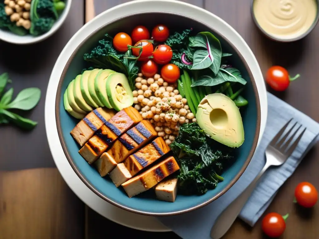 Una exquisita cocina vegana con tofu tempeh en un bowl colorido y fresco, sobre una mesa rústica