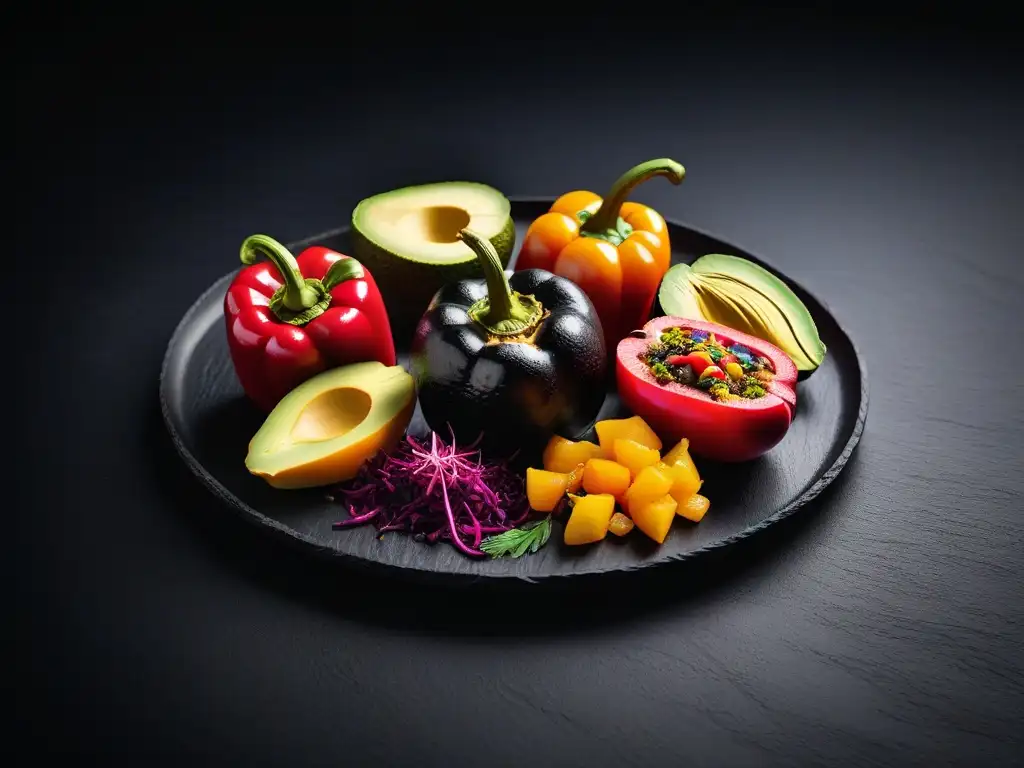 Una exquisita y colorida selección de alimentos veganos en un plato de pizarra negro, ideal para la planificación de comidas veganas atletas