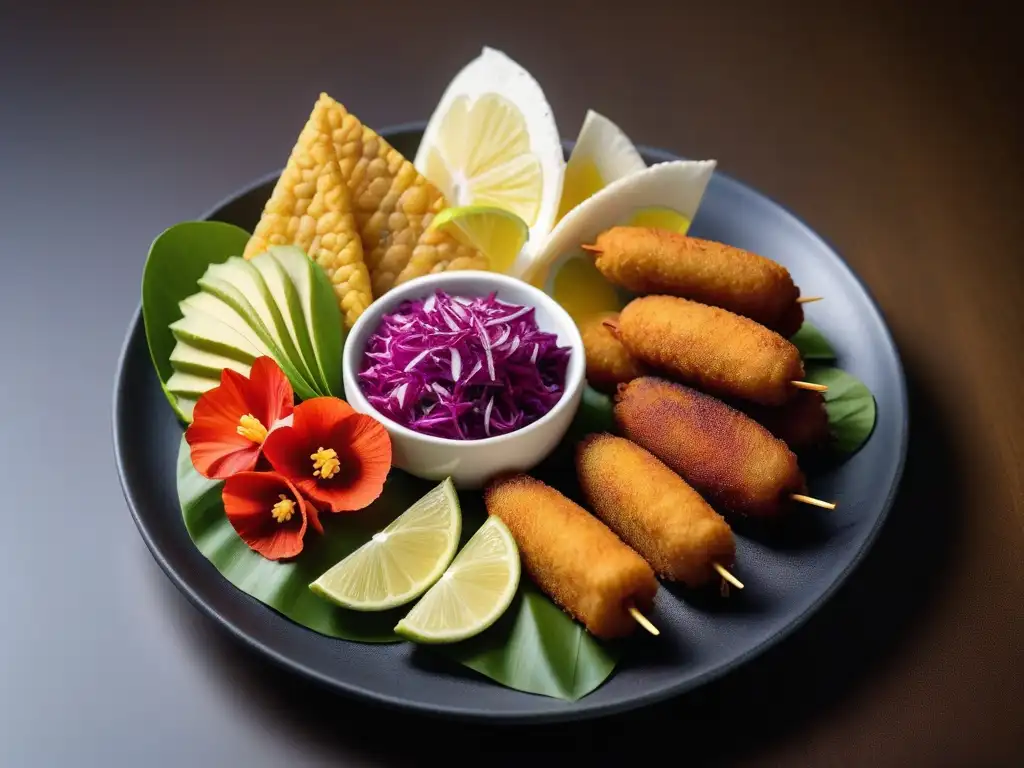 Una exquisita y colorida bandeja de mariscos veganos alternativos para alérgicos, con 'cangrejo' de palmito, 'camarones' de konjac y 'tacos' de flores de plátano
