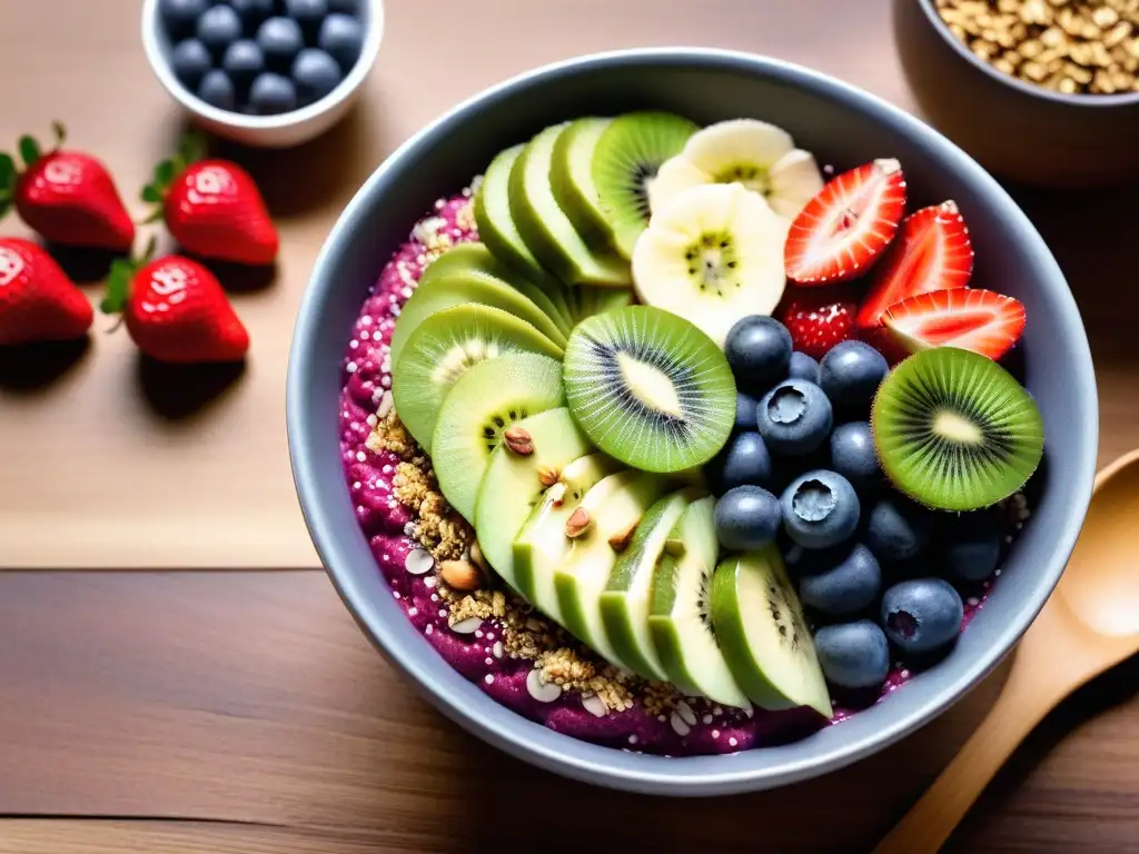 Una exquisita y colorida bowl de açaí rodeada de ingredientes frescos en una mesa de madera