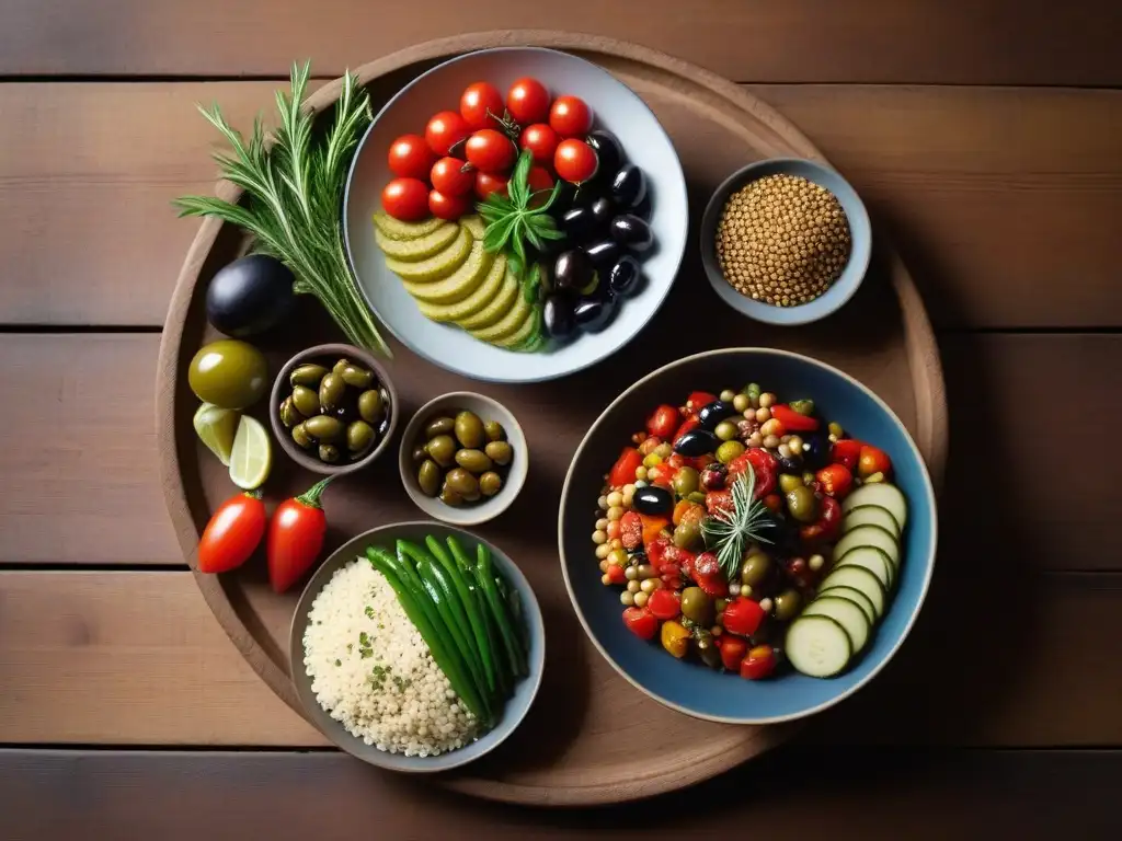 Una exquisita y colorida comida vegana mediterránea, con ingredientes frescos y variados sobre una mesa de madera rústica
