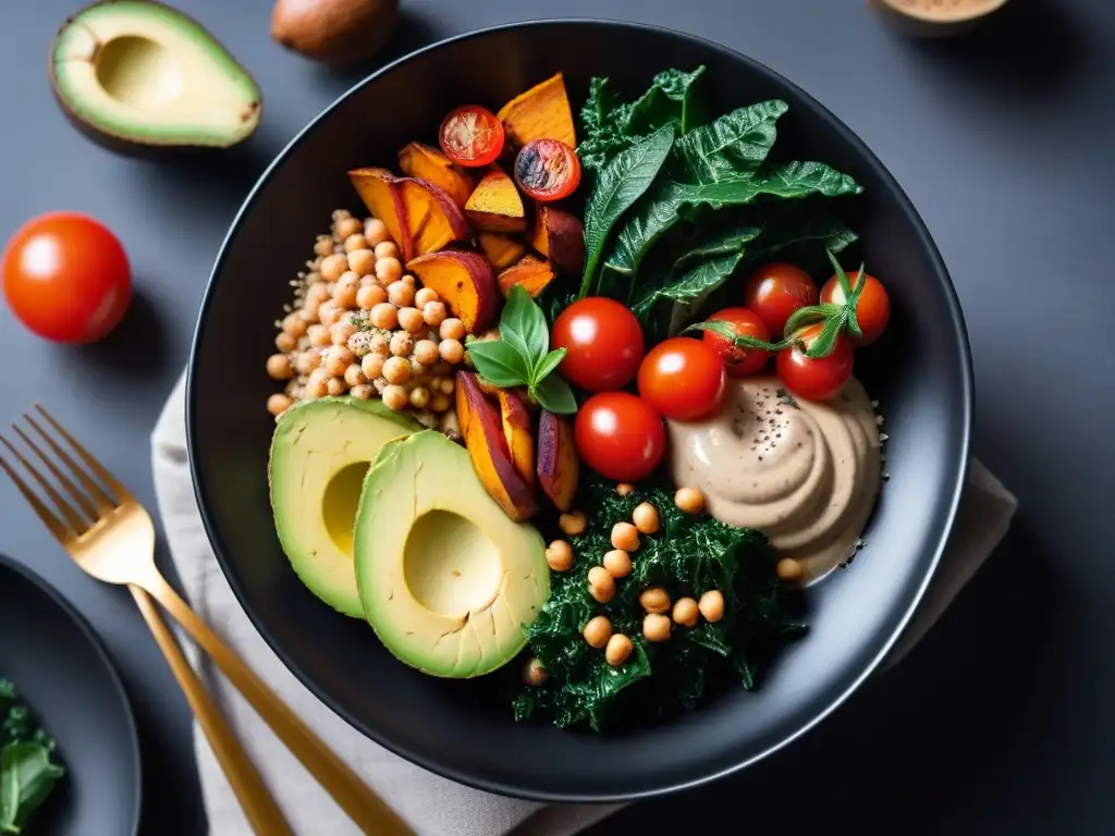 Una exquisita y colorida ensalada vegana en un bol, con ingredientes vibrantes y frescos iluminados por luz natural