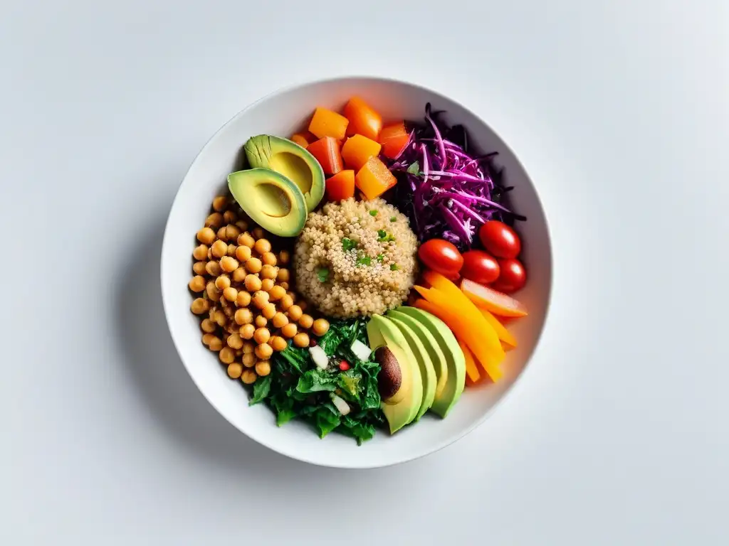 Una exquisita y colorida ensalada vegana en un elegante plato blanco, ideal para una dieta vegana para perder peso