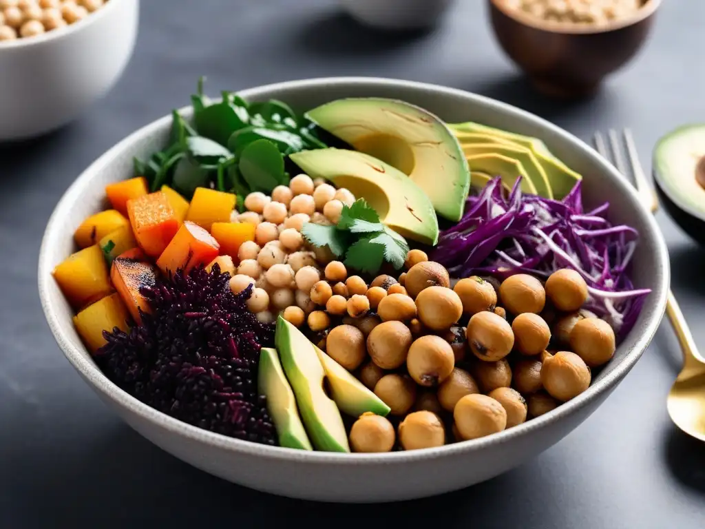 Una exquisita y colorida ensalada vegana en un tazón moderno sobre una encimera de mármol