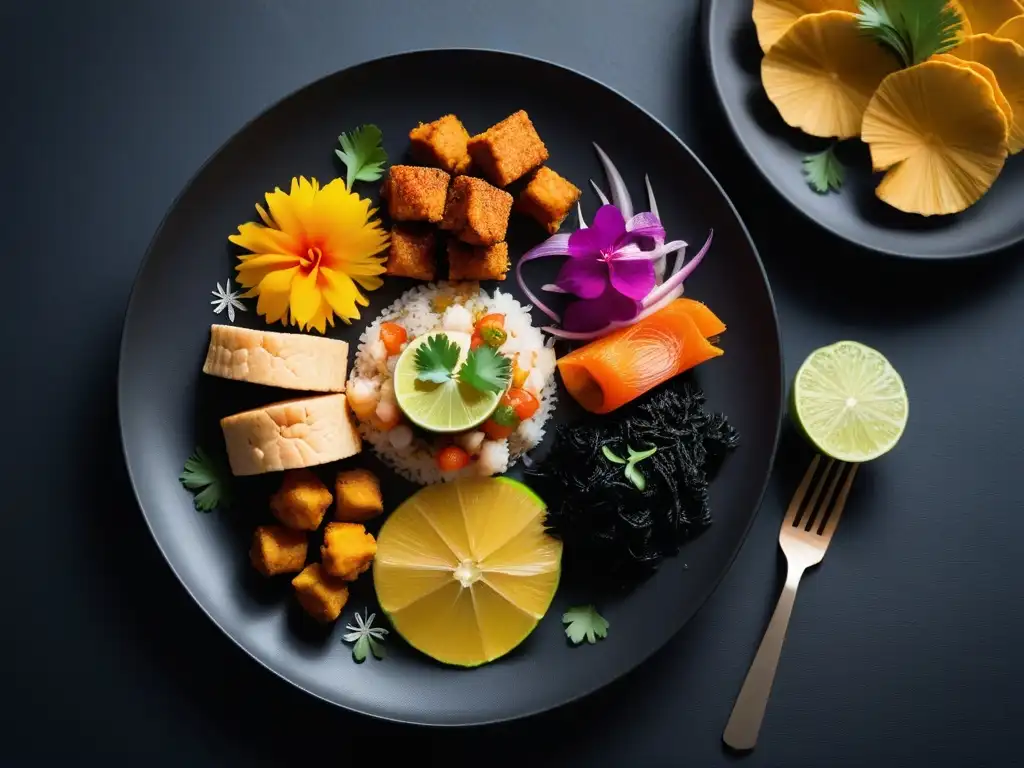 Una exquisita y colorida fuente de mariscos veganos caribeños, destacando la creatividad y delicias de las recetas veganas caribeñas mar y tierra