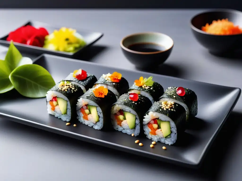 Una exquisita y colorida pieza de sushi vegano con beneficios de incluir algas veganas, presentada de forma elegante en un plato minimalista