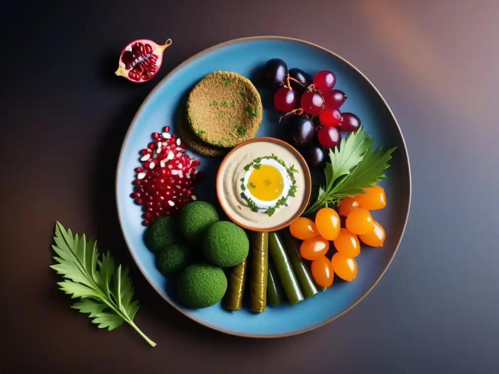 Una exquisita y colorida selección de platos veganos de Oriente Medio rodeados de hierbas frescas y granada