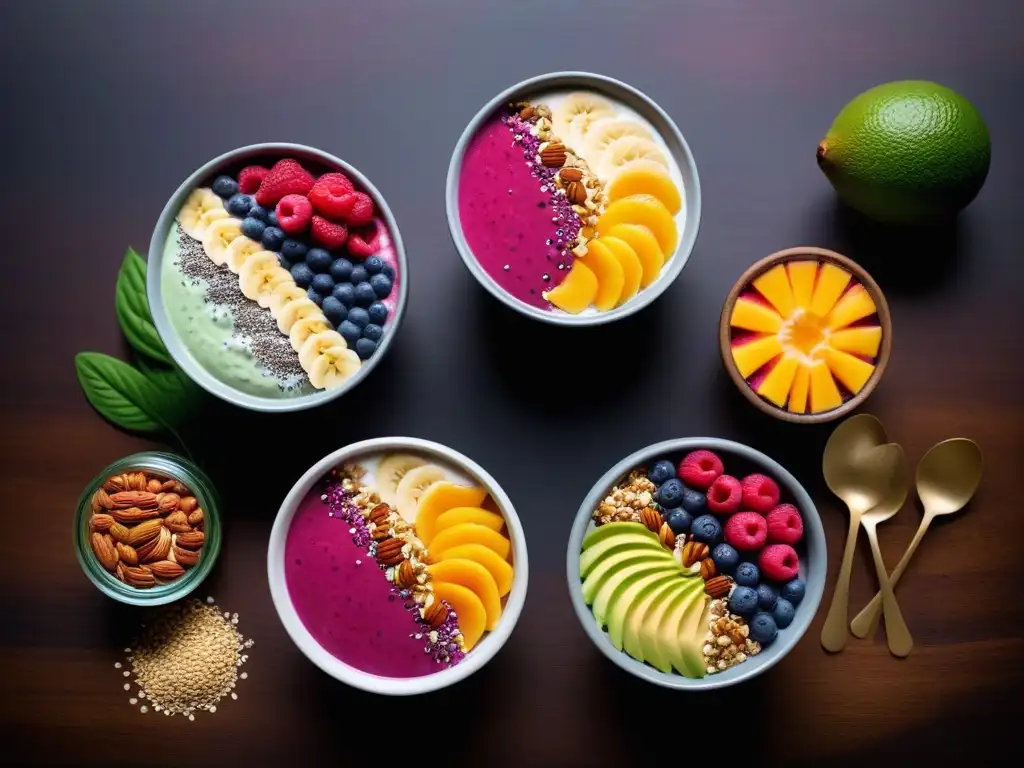 Una exquisita y colorida variedad de smoothies veganos saludables y deliciosos, decorados con frutas frescas y semillas en una mesa de madera