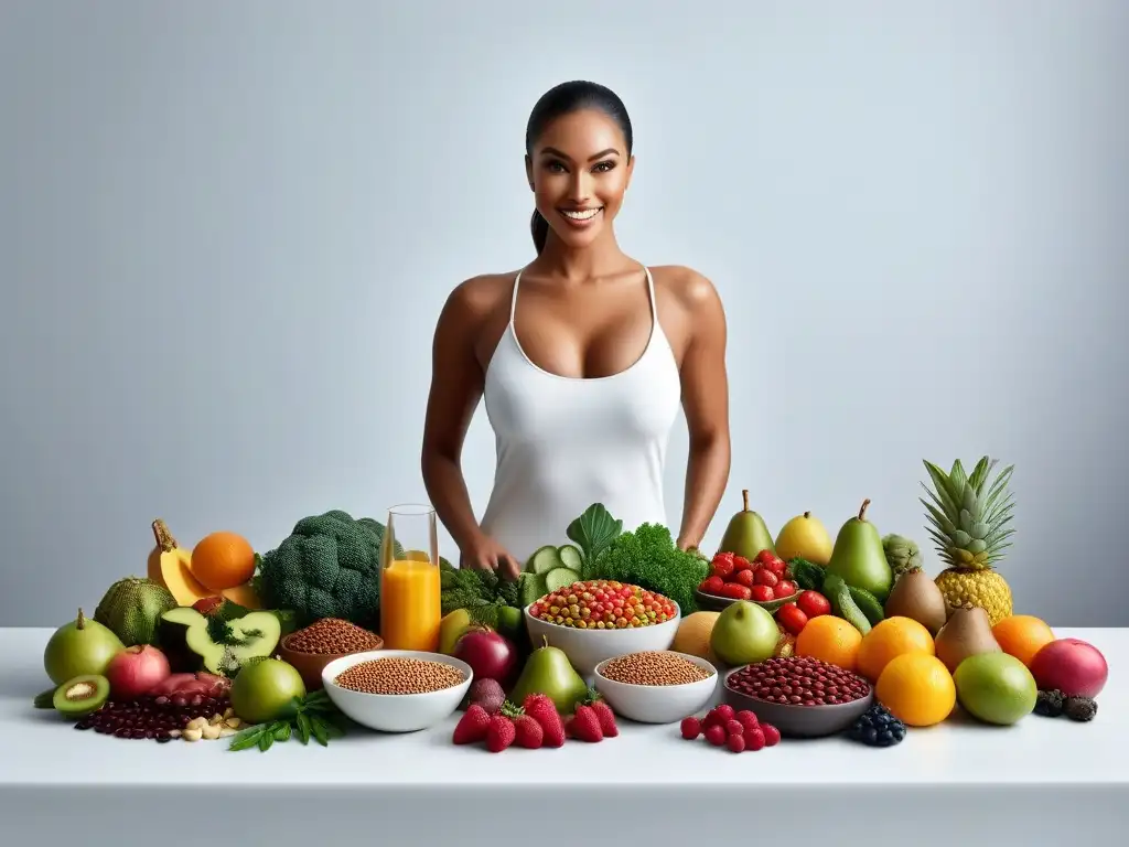 Una exquisita combinación de alimentos veganos saludables, presentados con color y frescura en una mesa moderna y elegante