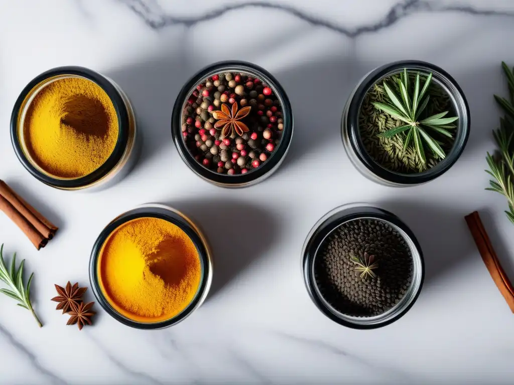 Esencia culinaria: especias coloridas en cocina moderna Exquisita combinación de especias para recetas veganas en elegante cocina moderna