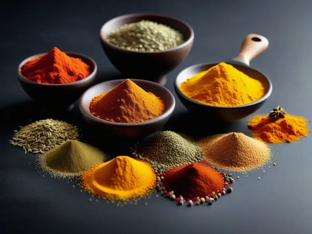 Esencia culinaria: especias vibrantes en cocina moderna Una exquisita combinación de especias para recetas veganas al vapor, ordenadas de forma elegante en una moderna cocina