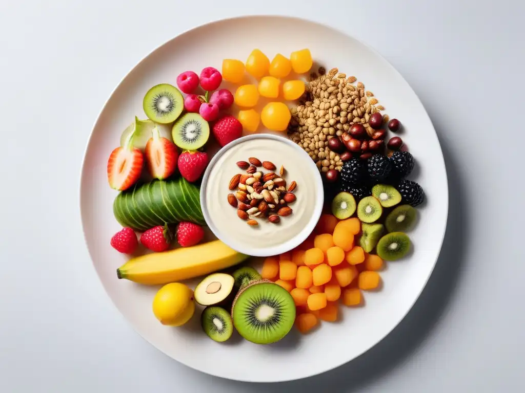 Una exquisita combinación de frutas, verduras, frutos secos y semillas en un plato blanco moderno