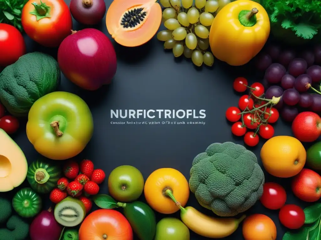 Una exquisita composición artística de frutas y verduras coloridas, destacando la abundancia y diversidad de alimentos vegetales