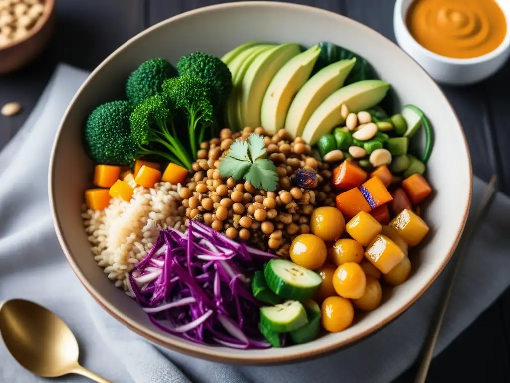 Exquisita composición de un bowl vegano con ingredientes coloridos y frescos