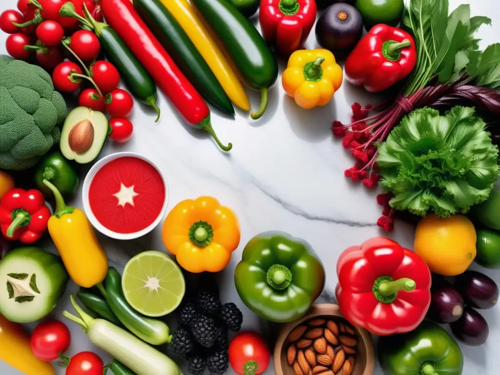 Una exquisita composición de frutas y verduras coloridas sobre mármol blanco