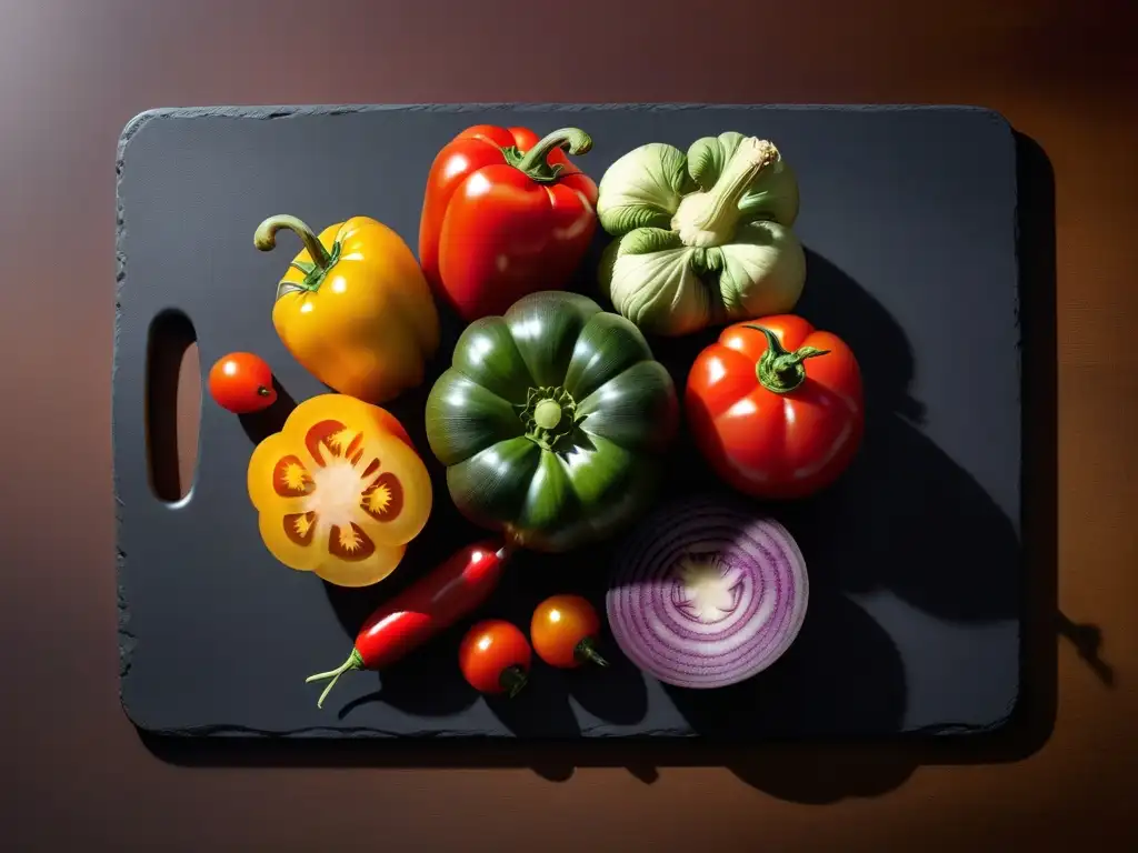 Una exquisita composición de vegetales coloridos sobre tabla de cortar moderna