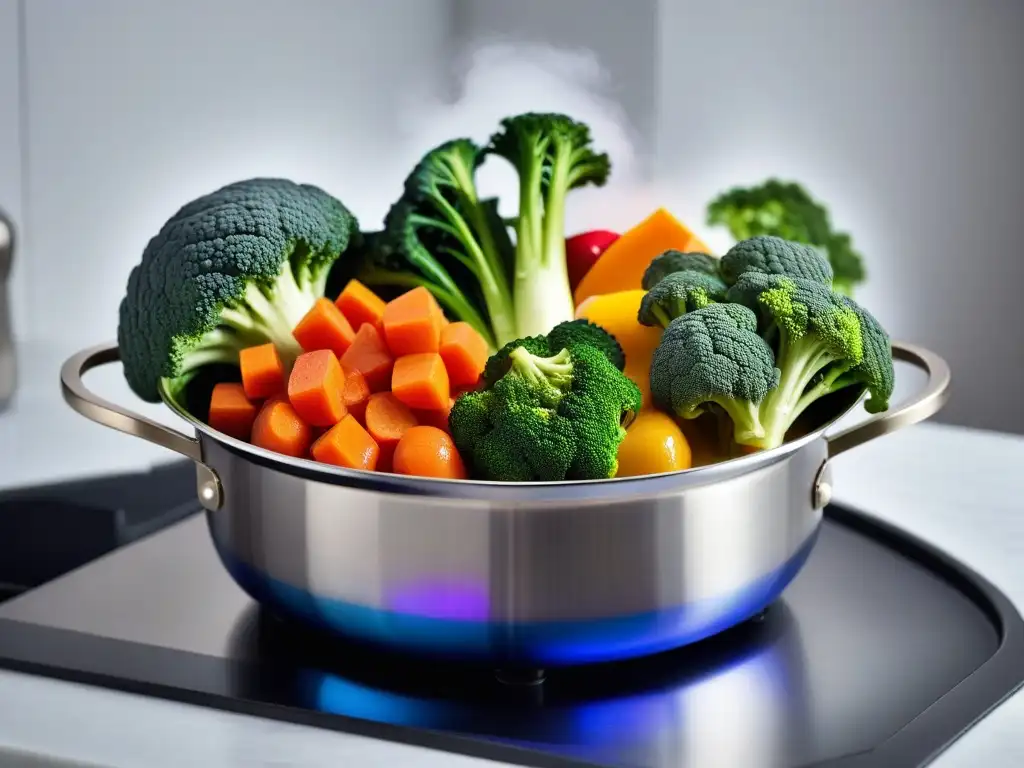 Una exquisita composición de verduras coloridas al vapor en una cocina minimalista