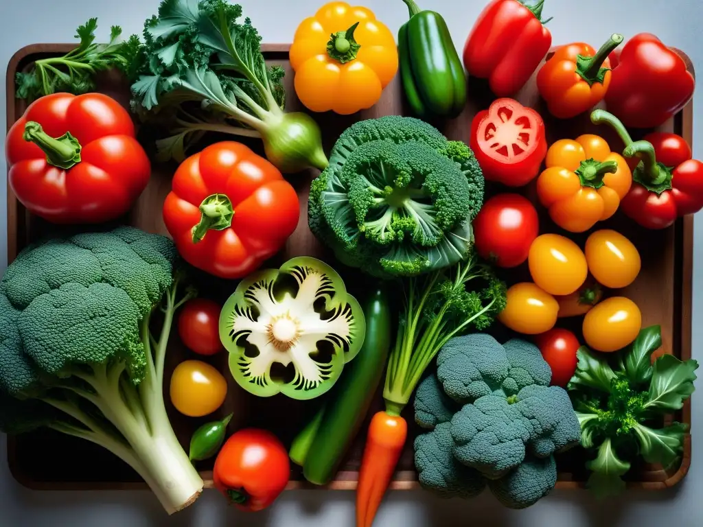 Una exquisita composición de verduras frescas y coloridas, resaltando la belleza de la cocina vegana y la cocción a baja temperatura