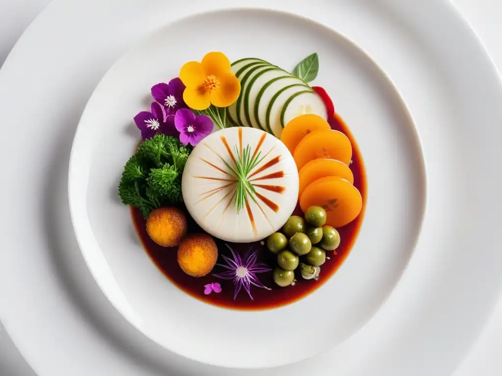 Una exquisita creación vegana, artísticamente presentada con vegetales frescos y coloridos, hierbas y especias, en un plato blanco