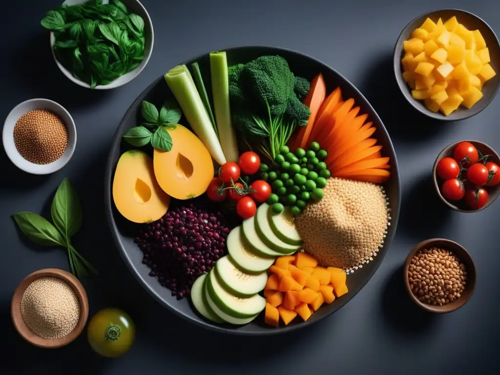 Una exquisita y detallada imagen de ingredientes vegetales coloridos en una cocina minimalista