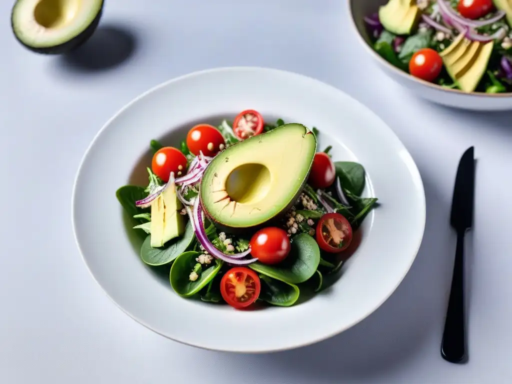 Deléitate con una exquisita ensalada de aguacate en una cama de vegetales frescos, ¡descubre cómo incorporar aguacate en recetas veganas!