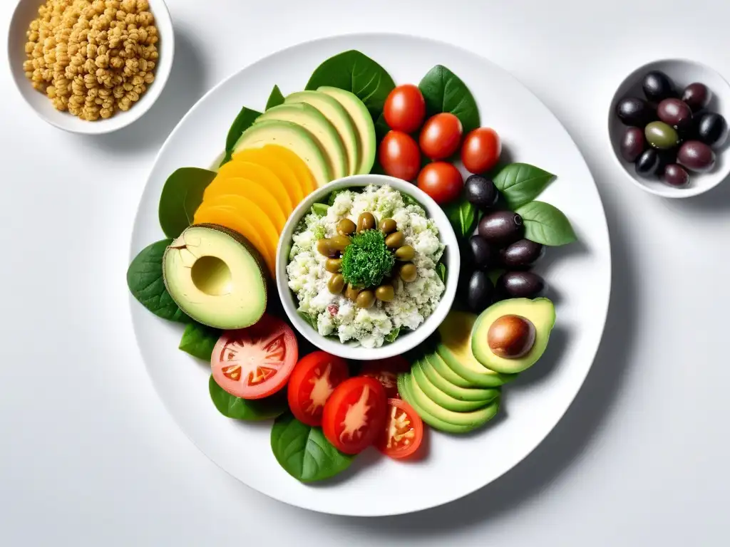 Una exquisita ensalada europea vegana con ingredientes frescos y coloridos en un elegante plato blanco