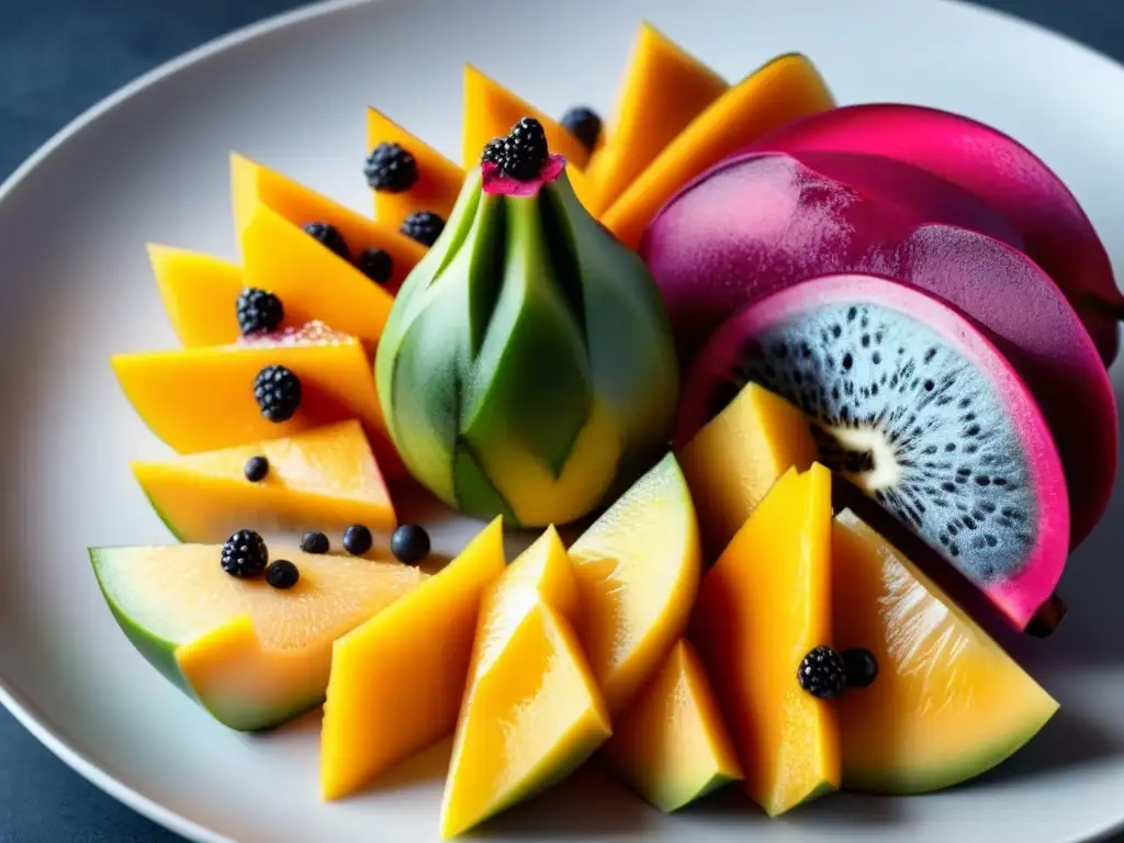 Una exquisita ensalada de frutas exóticas veganas en un plato blanco moderno, resaltando colores y frescura