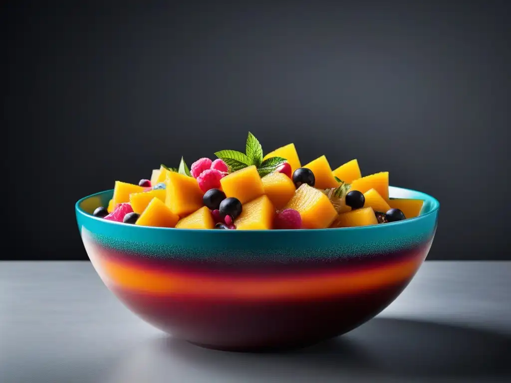 Exquisita ensalada de frutas caribeñas veganas en bol moderno, saludable y colorida