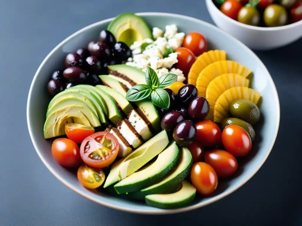 Una exquisita ensalada mediterránea vegana, llena de colores y sabores frescos