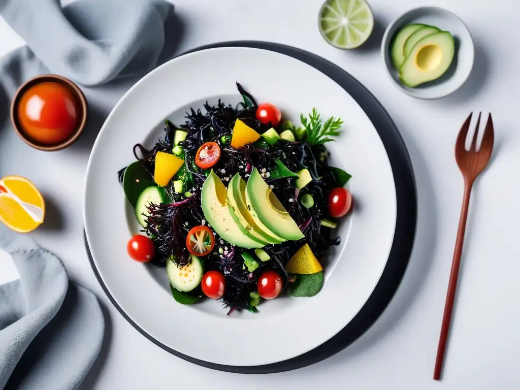 Exquisita ensalada vegana de algas marinas con vegetales frescos y aderezo cítrico