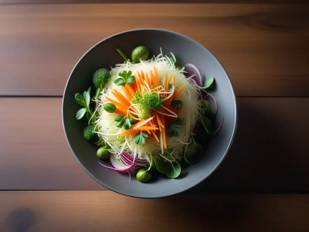 Una exquisita ensalada vegana con brotes frescos, resaltando sus colores y texturas