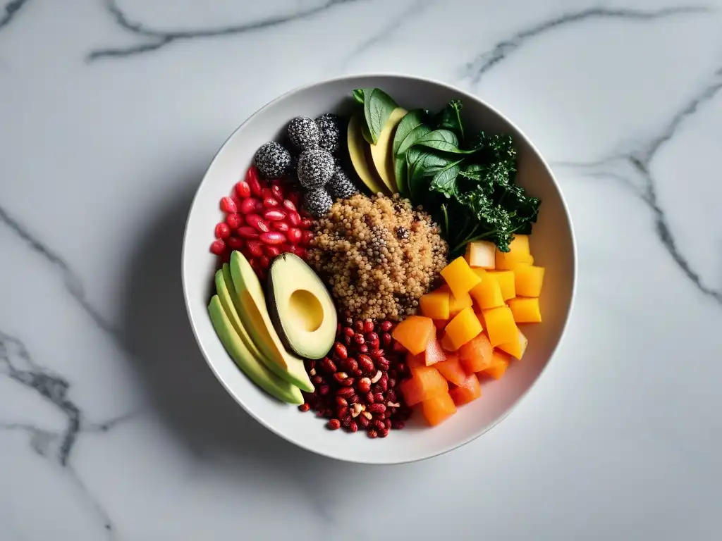 Una exquisita ensalada vegana cruda con superfoods, colorida y fresca, en un elegante plato sobre encimera de mármol