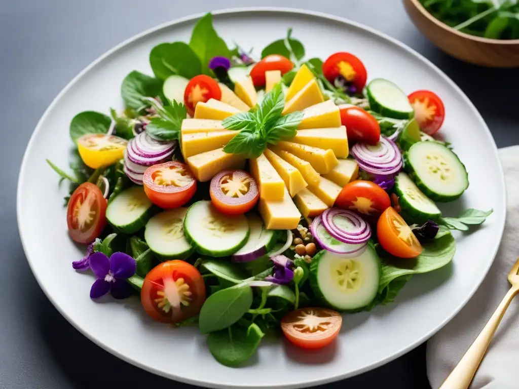 Una exquisita ensalada vegana europea en un plato blanco moderno, colorida y vibrante, con ingredientes frescos y aderezo de tahini