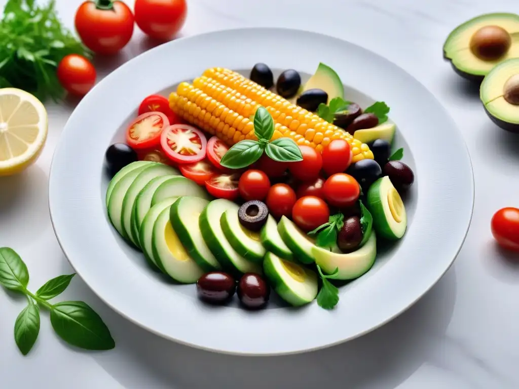 Una exquisita ensalada vegana europea en una mesa de mármol blanco