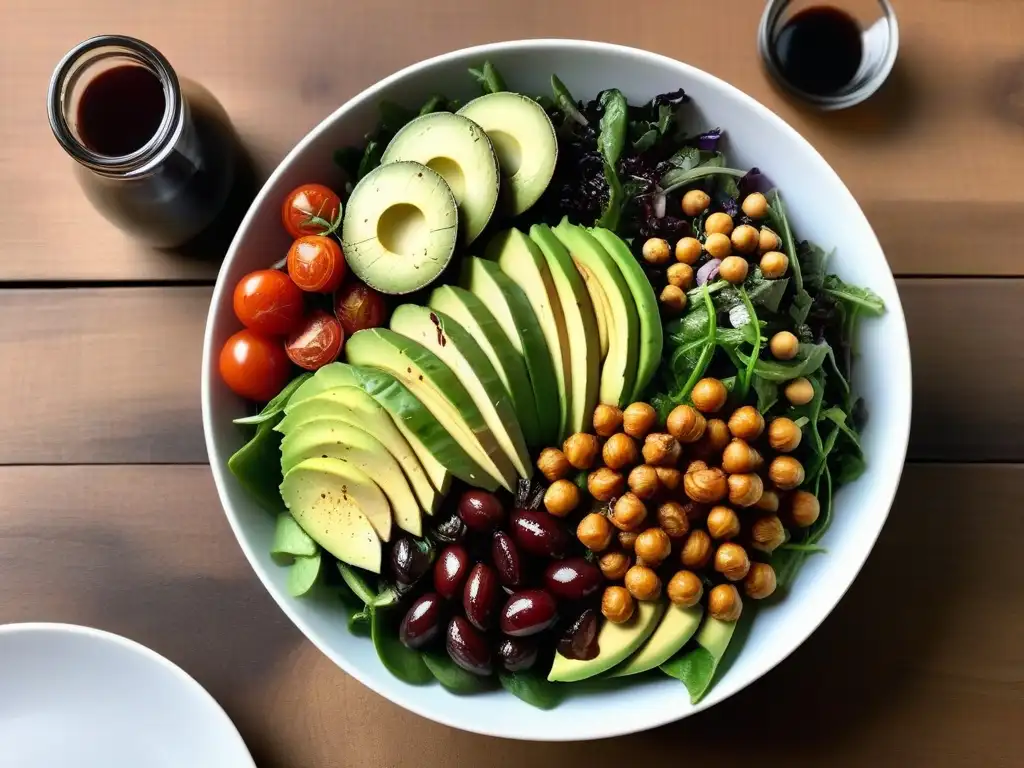 Una exquisita ensalada vegana llena de coloridos ingredientes frescos sobre una mesa de madera rústica