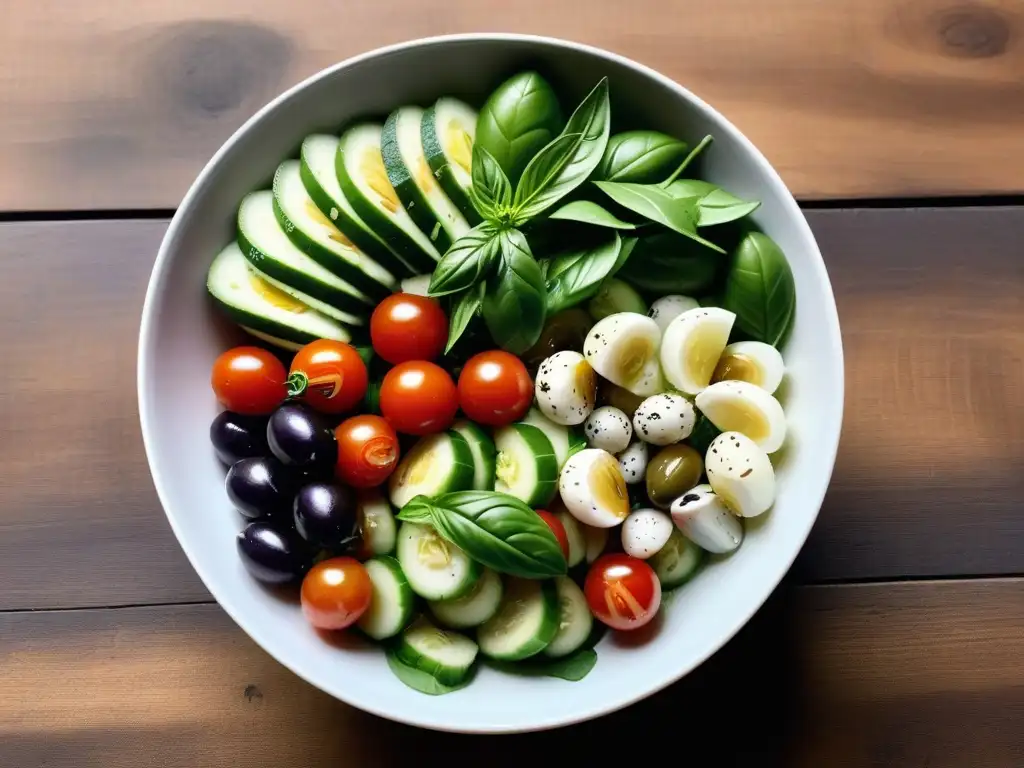 Exquisita ensalada vegana mediterránea con aceitunas en un elegante bol blanco