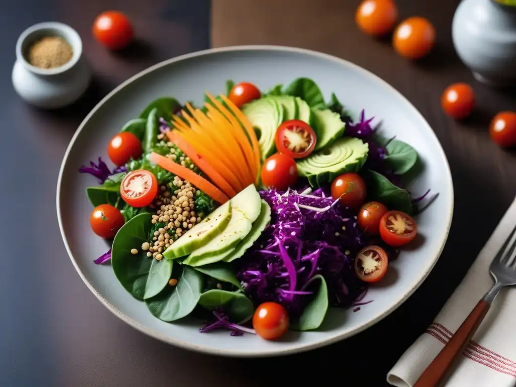 Exquisita ensalada vegana del Sudeste Asiático con col morada, zanahorias, lechuga, tomates y semillas de sésamo en plato blanco moderno