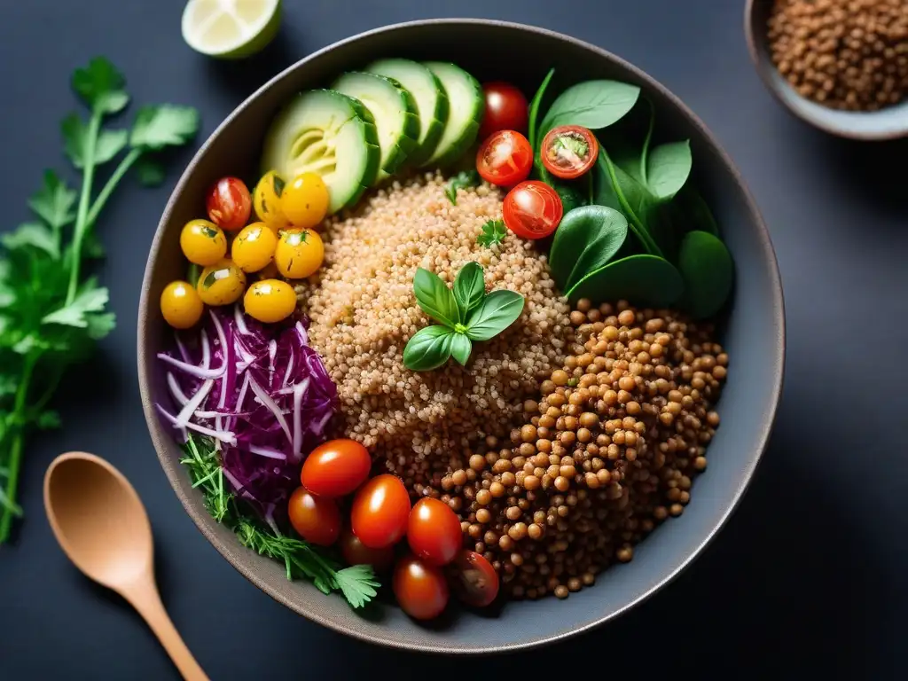 Exquisita ensalada vegana de teff Etiopía con vegetales frescos y coloridos en un moderno bol