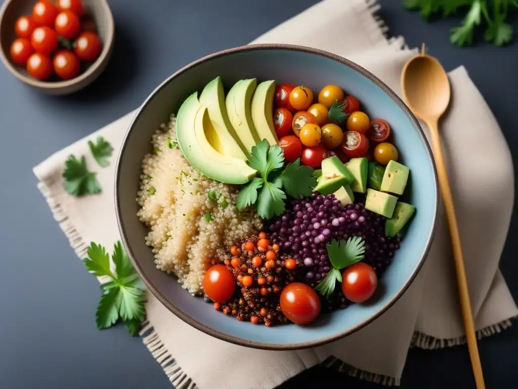 Ensalada de quinoa vibrante y colorida con vegetales frescos Una exquisita ensalada de quinoa vegana con vegetales frescos y coloridos, resaltando los beneficios de la quinoa vegana en la cocina